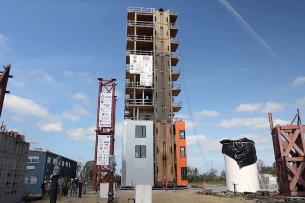 PHOTO: Researchers conduct earthquake tests on a 10-story building made of timber. (UC San Diego, Jacobs School of Engineering)