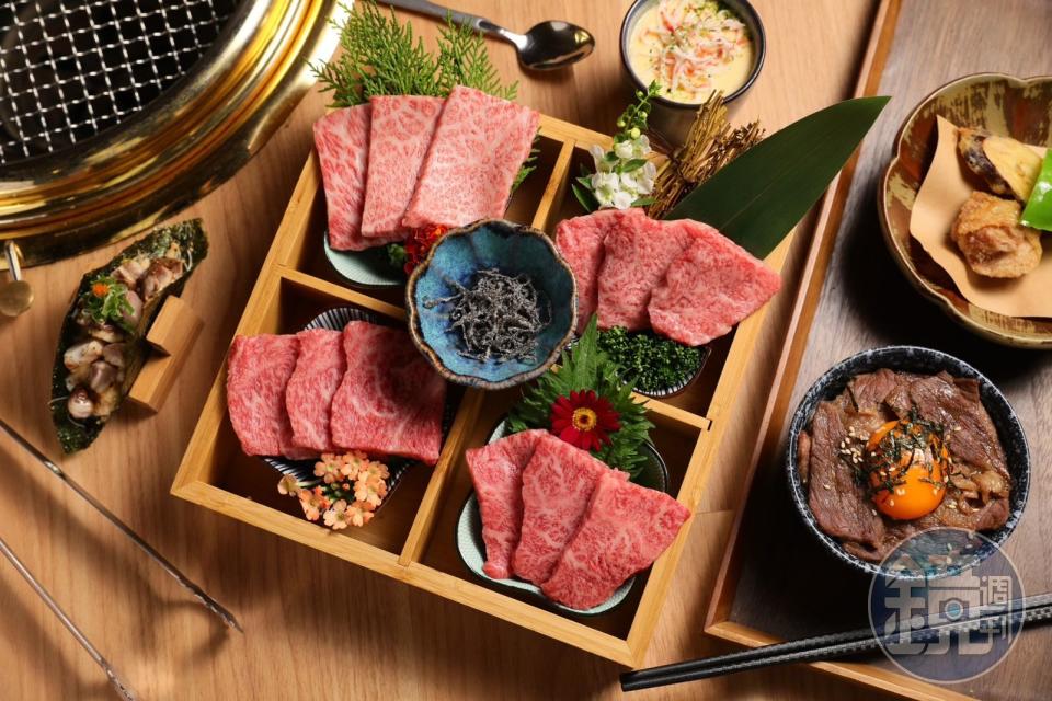 台南新開的「津炭燒肉」推出多種高級肉品套餐，例如「日本A5和牛盛合」的色澤和油花就美得令人捨不得動筷。