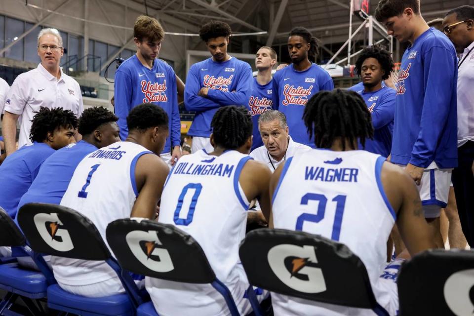Kentucky coach John Calipari talks to his team during a timeout on Saturday, July 15, 2023 at GLOBL JAM 2023 in Toronto. Kentucky defeated BAL Africa 104-92 to 3-0 in the round-robin event. Photo by Chet White | UK Athletics