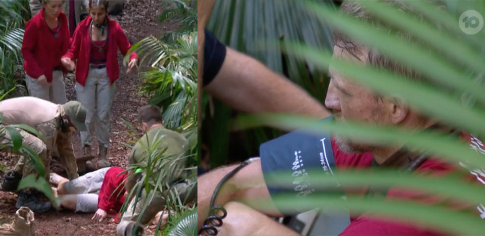 I'm A Celebrity... Get Me Out Of Here! star Nathan Buckley is assisted by medics after collapsing on set. Photo: Channel 10.