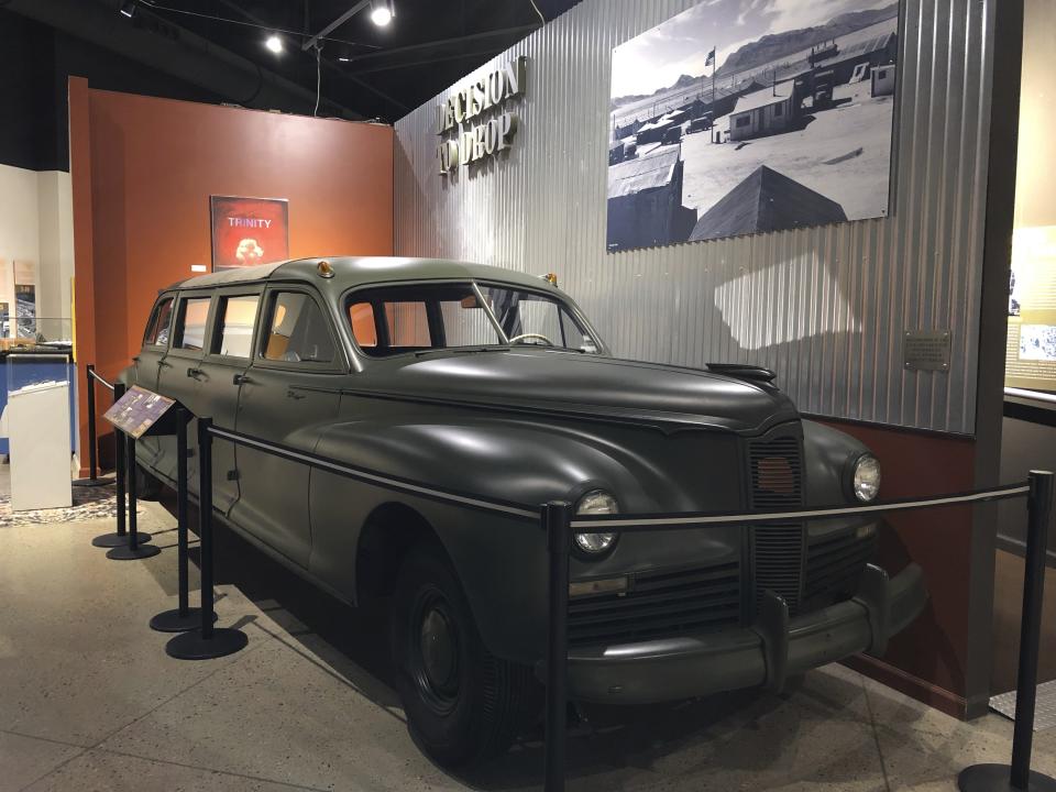 A 1942 Packard limo that was used to ferry Manhattan Project scientists, is on display Wednesday, July 15, 2020, at the National Museum of Nuclear Science and History in Albuquerque, N.M. Thursday marked the 75th anniversary of the Trinity Test, when government scientists and the U.S. military conducted the first atomic detonation in the southern New Mexico desert. (AP Photo/Susan Montoya Bryan)