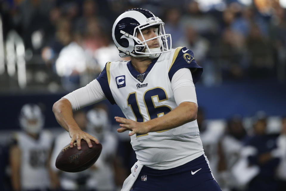 Los Angeles Rams quarterback Jared Goff (16) throws in the first quarter of an NFL football game against the Dallas Cowboys in Arlington, Texas, Sunday, Dec. 15, 2019. (AP Photo/Ron Jenkins)