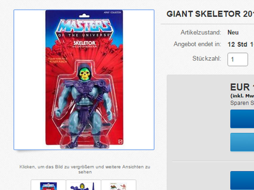 1982 kam Skeletor, der Bösewicht aus der Zeichentrickserie "Masters of the Universe" als Action-Figur heraus. Für die Fans ein echtes Kultobjekt und nicht zum Spielen geeignet. Originalverpackt erreicht die kleine Puppe mit dem "Power Punch" über 1.500 US-Dollar. Umgerechnet sind das mehr als 1.400 Euro. Bei Weitem noch nicht die teuerste Action-Figur. (Bild-Copyright: ebay)