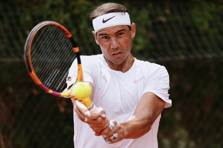 L'Espagnol Rafael Nadal à l'entraînement, le 15 avril 2024 à Barcelone (PAU BARRENA)