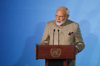 FILE - In this Sept. 23, 2019 file photo, India's Prime Minister Narendra Modi addresses the Climate Action Summit in the United Nations General Assembly, at U.N. headquarters. Pakistan's prime minister has responded to a recent peace overture from his Indian counterpart, writing in a letter to Narendra Modi that Islamabad also desires peaceful relations with New Delhi, officials said Tuesday, March 30, 2021. (AP Photo/Jason DeCrow, File)