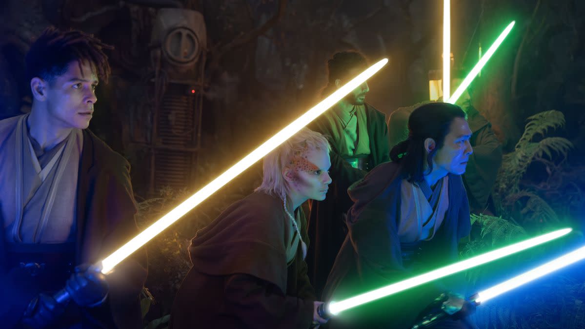 l r, front row yord fandar charlie barnett, jedi padawan jecki lon dafne keen and master sol ee jung jae in lucasfilm's the acolyte, exclusively on disney 2024 lucasfilm ltd tm all rights reserved