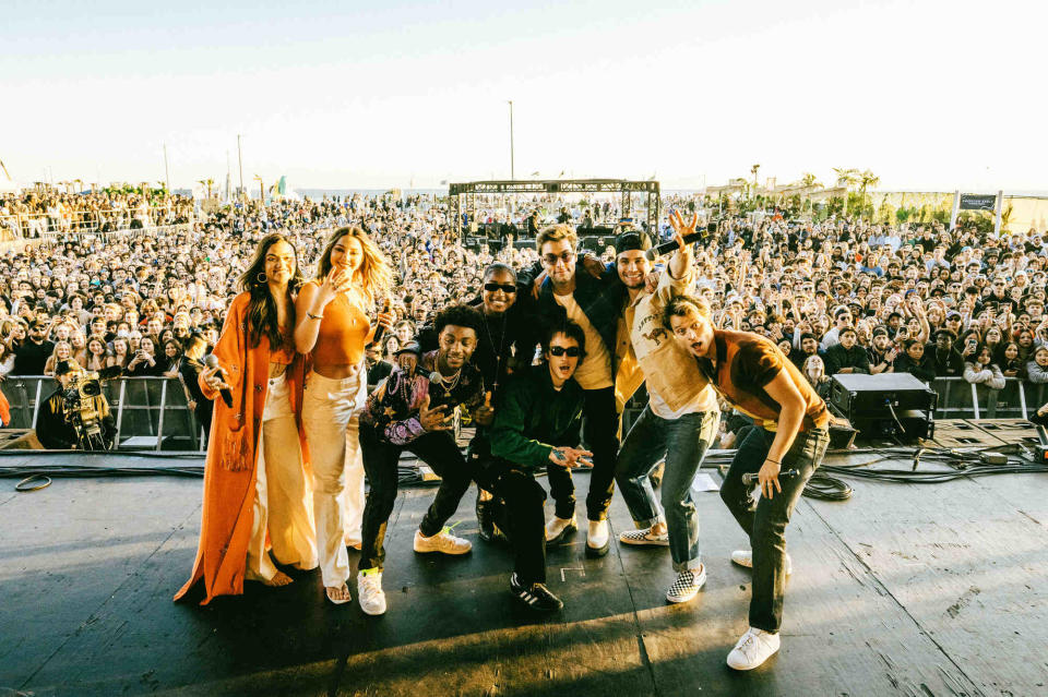 HUNTINGTON BEACH, CALIFORNIA - FEBRUARY 18: Chase Stokes, Madison Bailey, Rudy Pankow, Jonathan Daviss, Carlacia Grant, Drew Starkey, Austin North, Madelyn Cline Netflix's Poguelandia Outer Banks Fan Event at Huntington Beach on February 18, 2023. (Pooneh Ghana/Netflix)