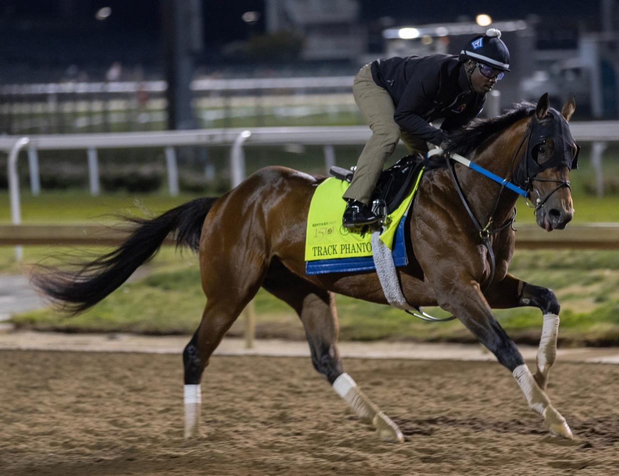 Kentucky Derby hopeful Track Phantom gallops on the track during a morning workout at Churchill Downs. Special to the Courier Journal by Pat McDonogh. April 25, 2024