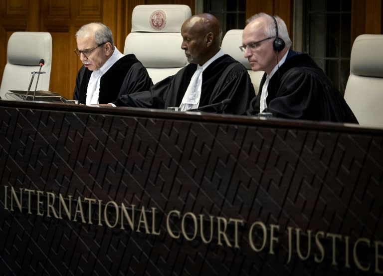 (From L) Judge Nawaf Salam, Judge Abdulqawi Ahmed Yusuf and Judge Georg Nolte attend a hearing at the International Court of Justice as part of South Africa's request on a Gaza ceasefire in The Hague in May 2024 (Koen van Weel)