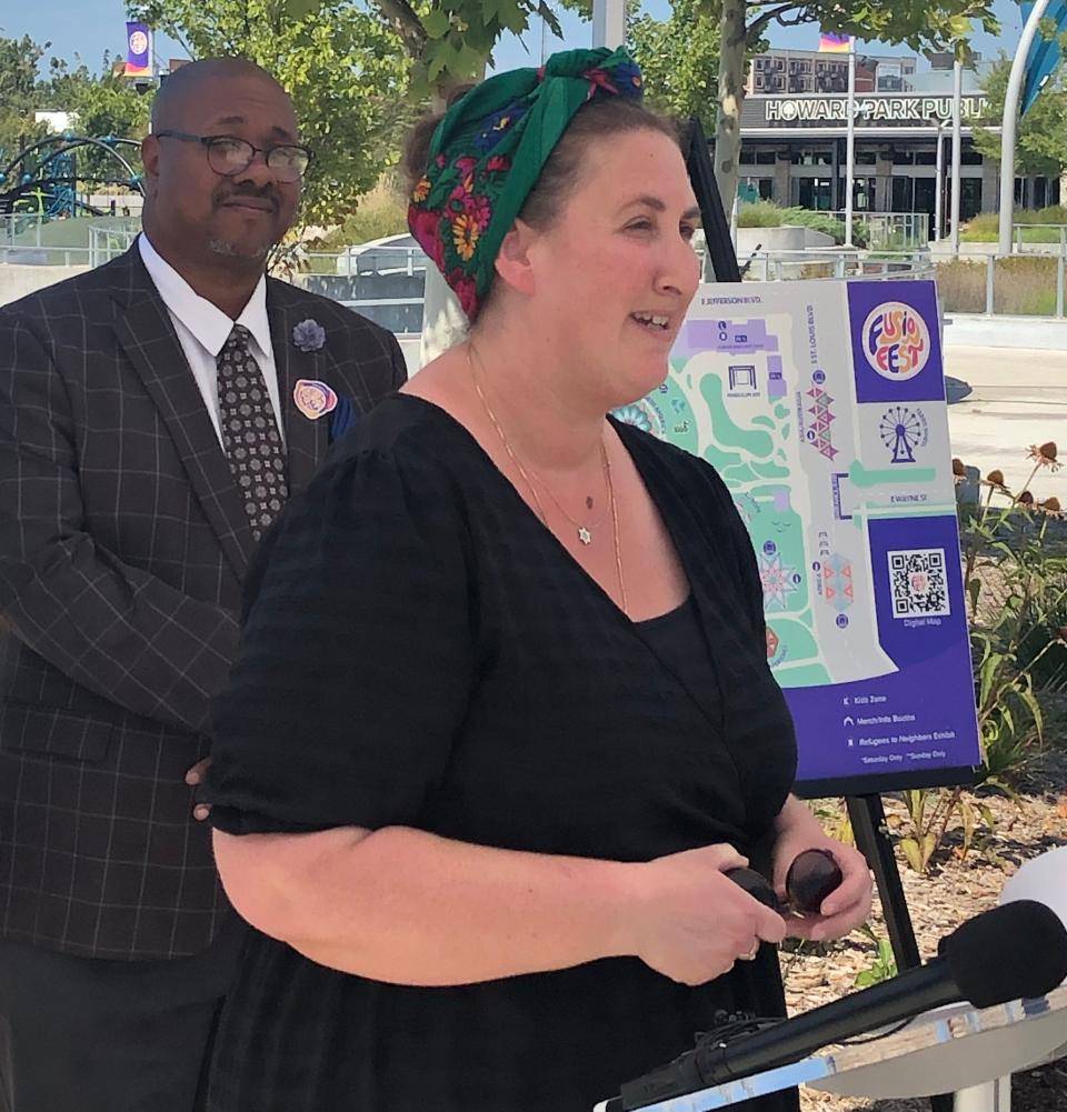 Sheer Brown, who immigrated from Israel in 2019 and now runs South Bend Challah Company, will serve Jewish pastries at Fusion Fest on Sept. 9-10, 2023. Here, she speaks at a press conference Sept. 5, 2023, at Howard Park, where the fest will be held.