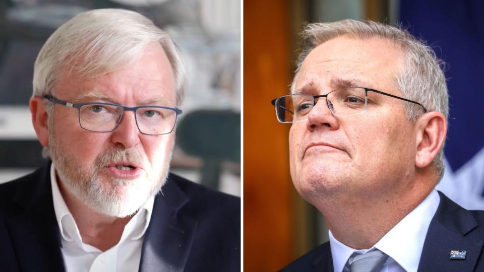 Pictured: Kevin Rudd, Scott Morrison. Images: Yahoo Finance, Getty