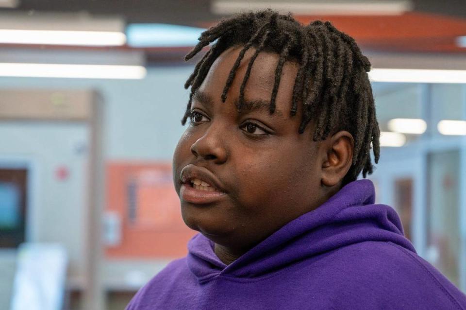 Fourteen-year-old Nelson McConnell speaks about his experience being a student at Gloria Willis Middle School on Tuesday, April 16, 2024, in Kansas City, Kansas.