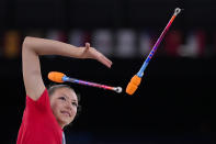 Evita Griskenas of the United States performs during a rhythmic gymnastics individual training session at the 2020 Summer Olympics, Thursday, Aug. 5, 2021, in Tokyo, Japan. (AP Photo/Markus Schreiber)