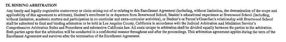 The mandatory arbitration clause in Brentwood School's enrollment agreement. (Photo: )