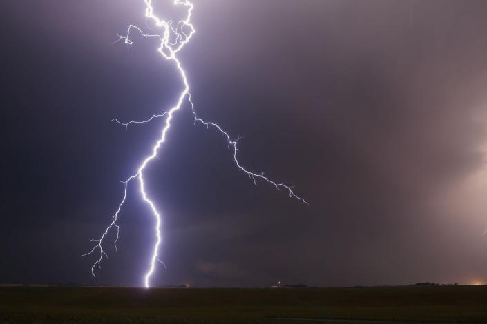Bright lightning slams down from a Nebraska supercell storm Sept. 15, 2006