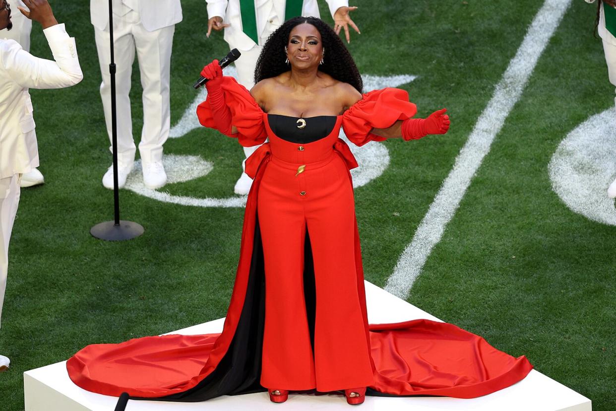 GLENDALE, ARIZONA - FEBRUARY 12: Sheryl Lee Ralph performs "Lift Every Voice and Sing" before Super Bowl LVII between the Kansas City Chiefs and the Philadelphia Eagles at State Farm Stadium on February 12, 2023 in Glendale, Arizona. (Photo by Rob Carr/Getty Images)