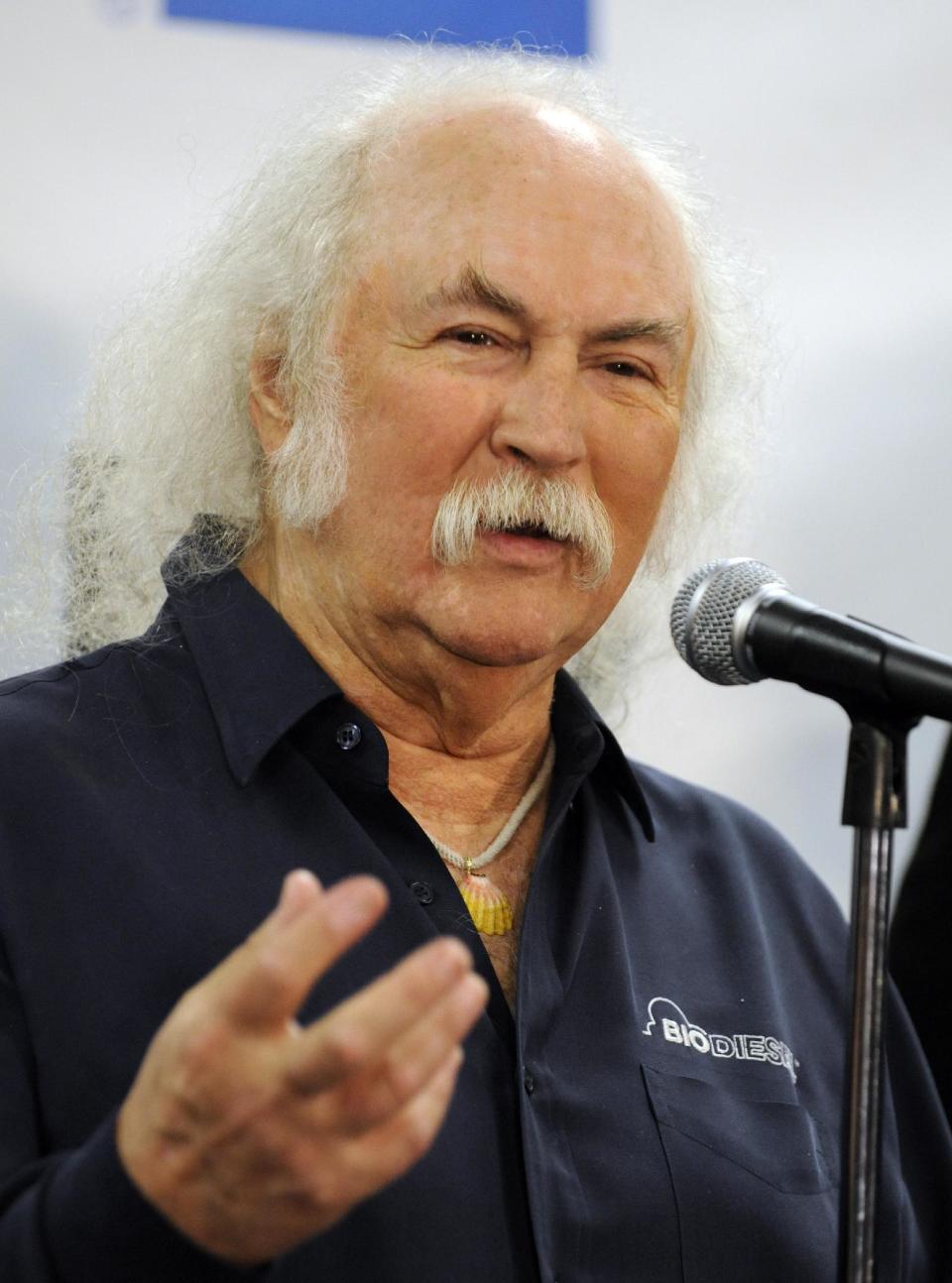 FILE - This Oct. 29, 2009 file photo shows, David Crosby in the press room at the 25th Anniversary Rock & Roll Hall of Fame concert at Madison Square Garden, in New York. Crosby has undergone heart surgery and he's postponing sold-out California shows. Publicist Michael Jensen tells City News Service on Monday, Feb. 17, 2014, that the 72-year-old Crosby had a cardiac catheterization last week to fix a blocked coronary artery. (AP Photo/Henny Ray Abrams, file)