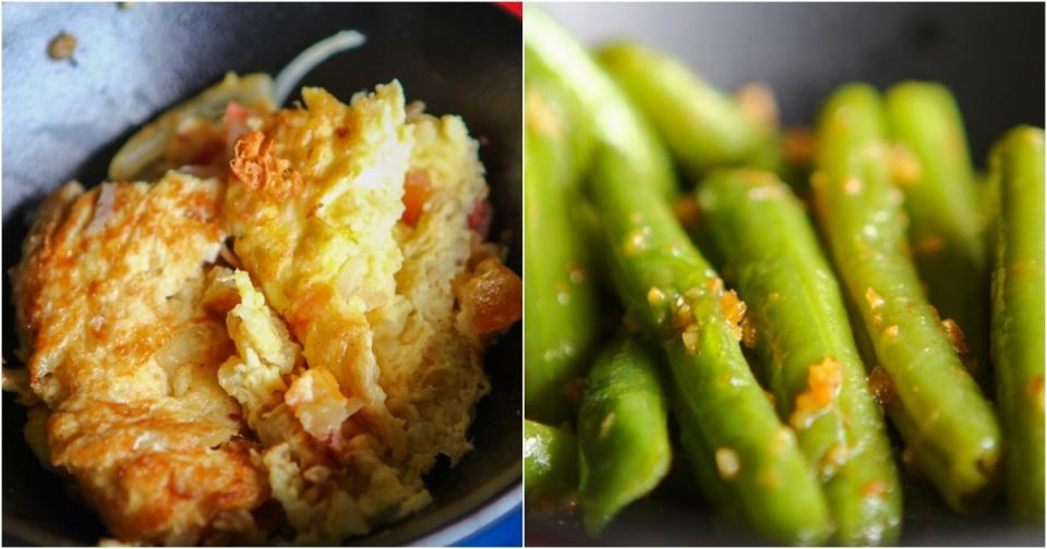 Collage of omelette and french beans