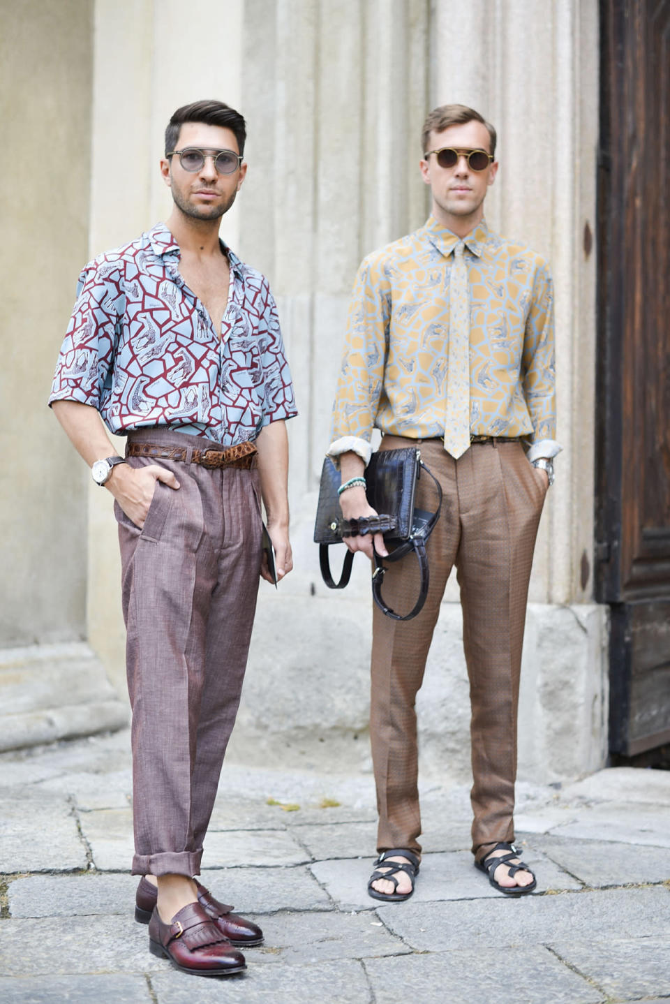 Filippo Fiora and Filippo Cirulli in printed shirts and pleated pants at Milan Fashion Week 2015. 