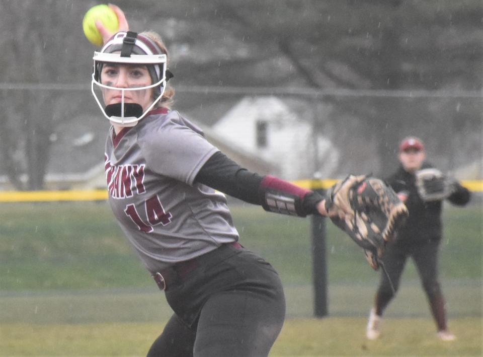 Oriskany's Megan Wright, shown pitching against Adirondack April 2, threw a five-inning no-hitter Thursday in a 15-0 victory over Madison .