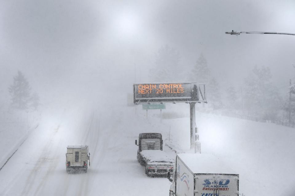 A lone camper truck moves north bound on the I-80 at the Donner Pass Exit on Friday, March 1, 2024, in Truckee, California.