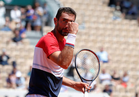 Tennis - French Open - Roland Garros, Paris, France - June 7, 2018 Croatia's Marin Cilic reacts during his quarter final match against Argentina's Juan Martin del Potro REUTERS/Pascal Rossignol