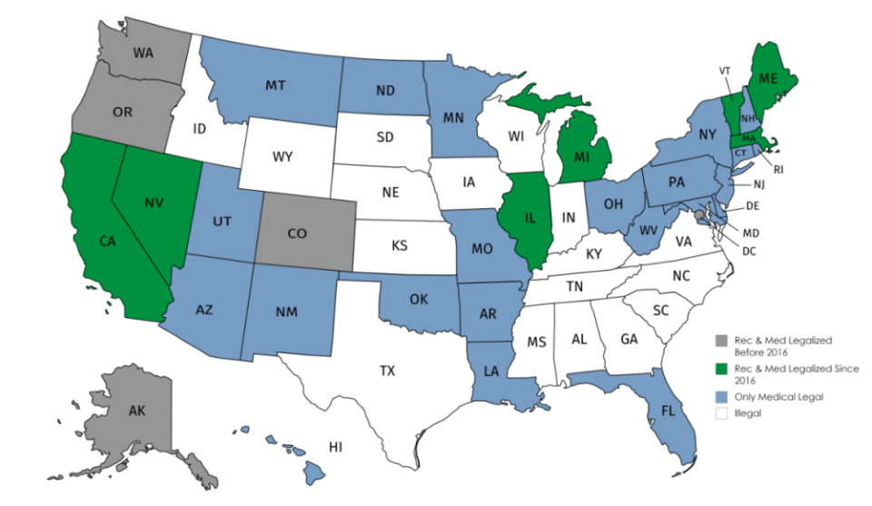 The U.S. has a patchwork of marijuana legalization laws by state, despite federal laws against the drug. Colorado, Washington, Oregon and Alaska and Washington D.C., have long standing recreational use laws. Seven states legalized recreational marijuana less than three years ago, including California, Illinois and Maine. In almost half the country, including New York, Florida, Arizona and 20 other states, medical marijuana is legal, but recreational marijuana is not. Cannabis is completely illegal in 17 states. Graphic by the National Association of Realtors.