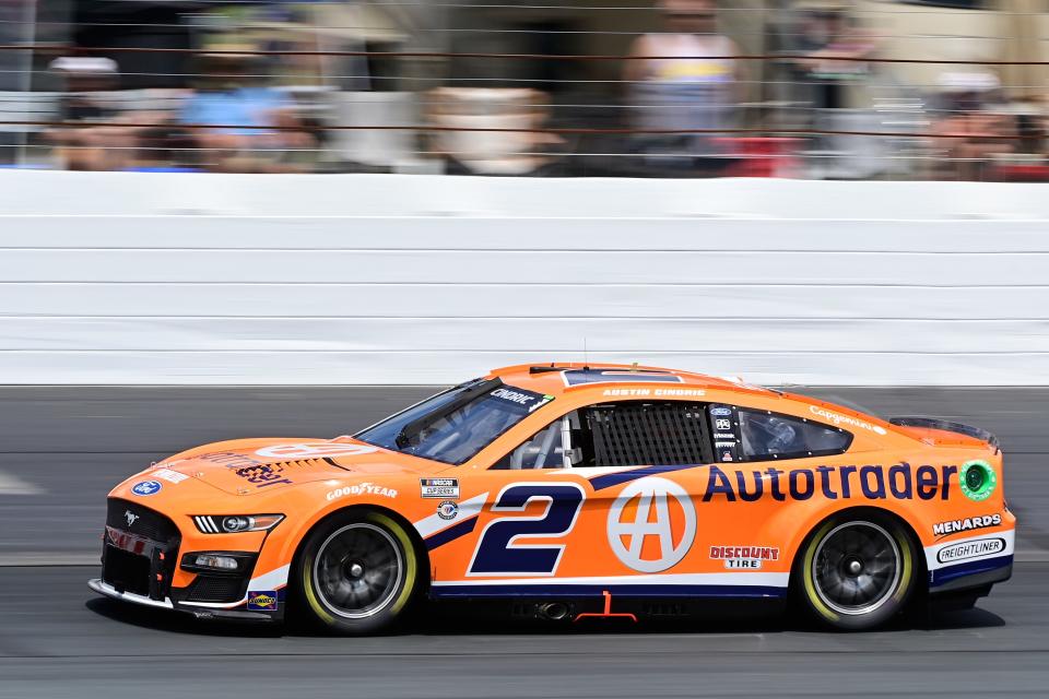 Jul 15, 2023; Loudon, New Hampshire, USA; NASCAR Cup Series driver Austin Cindric (2) races in the qualifying round of the Crayon 301 at New Hampshire Motor Speedway.