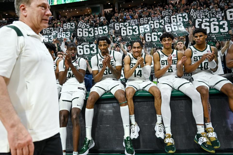 Michigan State players clap for coach Tom Izzo after the game against Maryland on Sunday, March 6, 2022, at the Breslin Center.