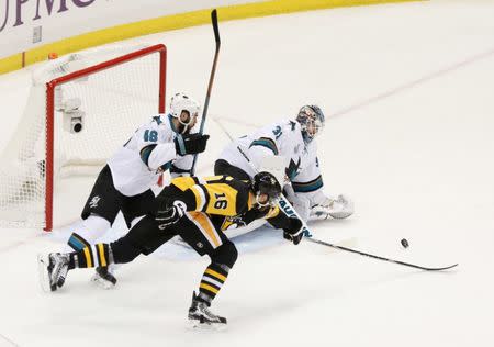 Jun 9, 2016; Pittsburgh, PA, USA; San Jose Sharks goalie Martin Jones (31) makes a save as center Tomas Hertl (48) defends against Pittsburgh Penguins right wing Eric Fehr (16) in the first period in game five of the 2016 Stanley Cup Final at Consol Energy Center. Mandatory Credit: Charles LeClaire-USA TODAY Sports / Reuters Picture Supplied by Action Images (TAGS: Sport Ice Hockey NHL)