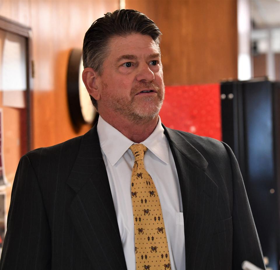 Defense attorney Randall D. Moore of Fort Worth gives a statement after the postponement of Sheriff Jeffrey Lyde's suspension hearing Tuesday, Jan. 17, 2023, at the Clay County Courthouse.