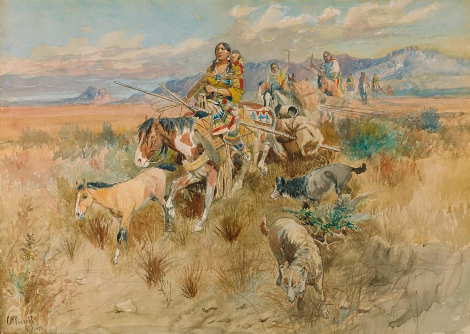 The C.M. Russell watercolor "In the Wake of a Cree Hunting Party" is being sold by a private gallery at the March in Montana art show during Western Art Week. It is expected to bring upwards of $750,000.