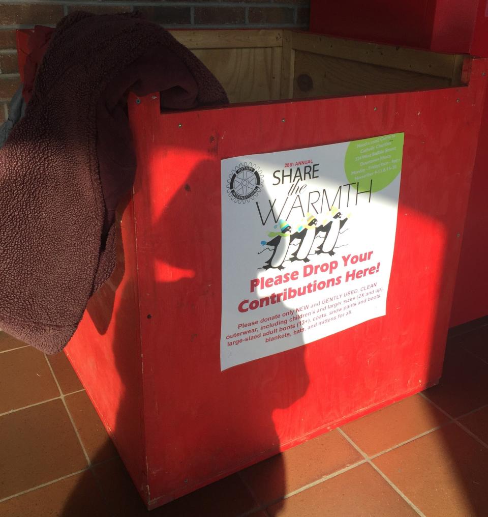 A Share the Warmth donation bin.