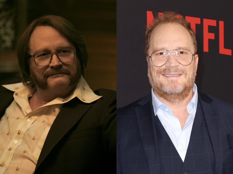 left: arturo mesa in griselda, wearing a wide collared shirt, with thick mustache and facial hair, and square glasses; right: christian tappan, wearing a navy pinstripe suit and with trimmed facial hair