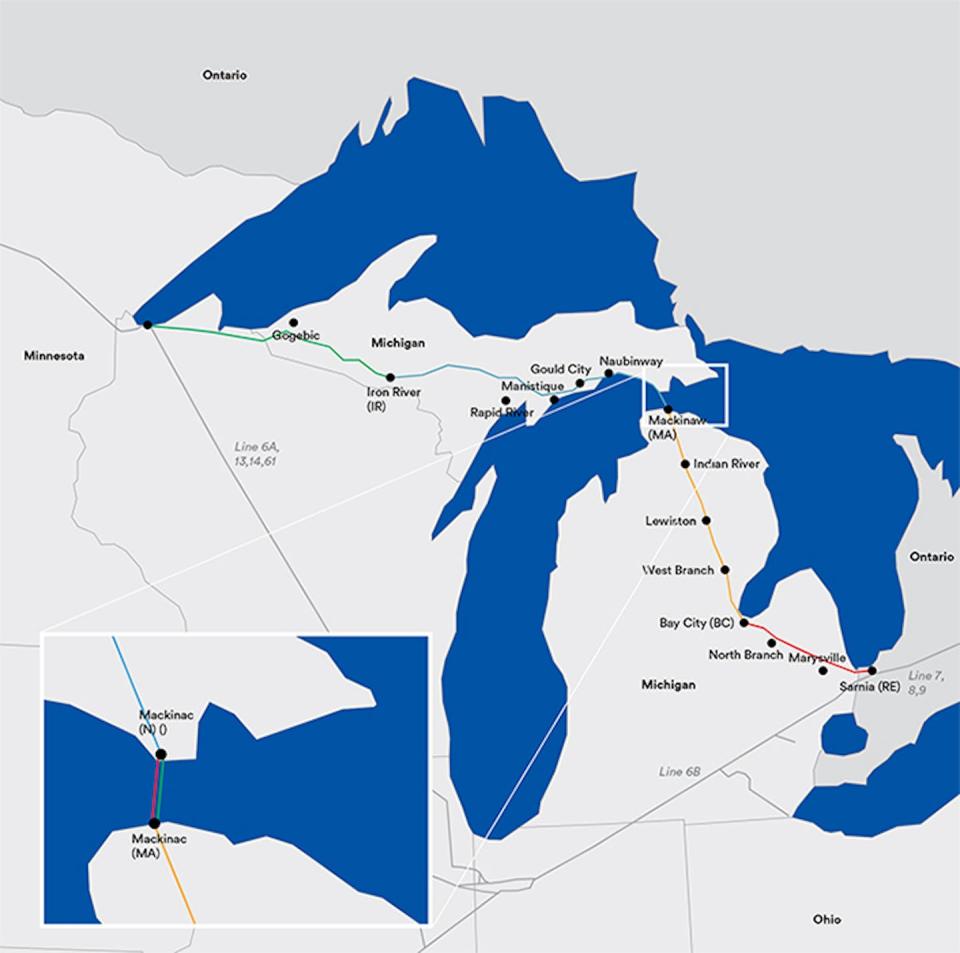 Enbridge’s Line 5 pipeline from Superior, Wisconsin, to Sarnia, Ontario, is part of a larger regional pipeline network. <a href="https://www.enbridge.com/projects-and-infrastructure/public-awareness/line-5-michigan/about-line-5" rel="nofollow noopener" target="_blank" data-ylk="slk:Enbridge;elm:context_link;itc:0;sec:content-canvas" class="link ">Enbridge</a>, <a href="http://creativecommons.org/licenses/by-nd/4.0/" rel="nofollow noopener" target="_blank" data-ylk="slk:CC BY-ND;elm:context_link;itc:0;sec:content-canvas" class="link ">CC BY-ND</a>