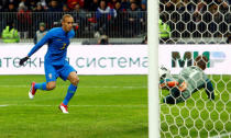 Soccer Football - International Friendly - Russia vs Brazil - Luzhniki Stadium, Moscow, Russia - March 23, 2018 Brazil’s Miranda scores their first goal REUTERS/Sergei Karpukhin