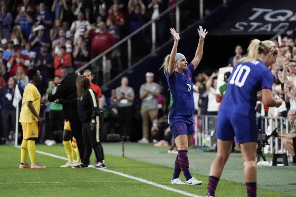 United States' Julie Ertz waves to the crowd after coming off the pitch in her final match, during the first half of an international friendly soccer match against South Africa, Thursday, Sept. 21, 2023, in Cincinnati. (AP Photo/Joshua A. Bickel)