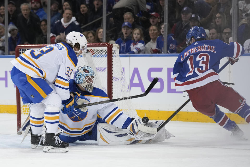 Buffalo Sabres goaltender Ukko-Pekka Luukkonen, center, makes a save against New York Rangers' Alexis Lafreniere, right, during the first period of an NHL hockey game, Monday, Nov. 27, 2023, in New York. (AP Photo/Seth Wenig)