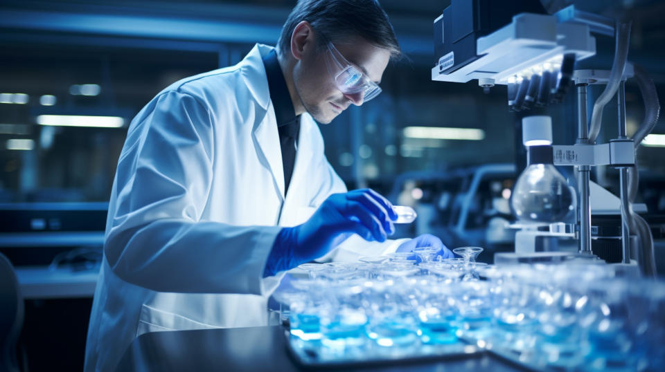 A scientist examining a sample of hydrogel in a laboratory setting.