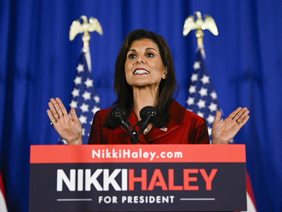 Republican presidential hopeful Nikki Haley speaks at her election night watch party in Charleston, South Carolina, on February 24, 2024. / Credit: Peter Zay/Anadolu via Getty Images