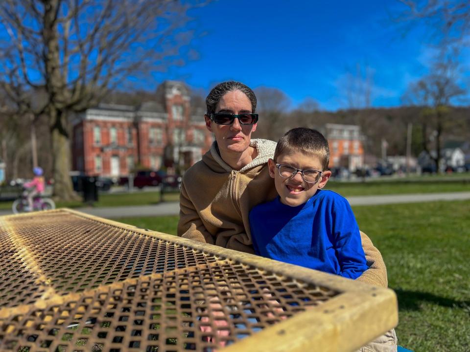 Jake Algerio, 10, and his mother, Brianne Algerio, a certified medical assistant at The Wright Center for Community Health Hawley Practice in Wayne County, visit Central Park in Honesdale. Algerio is on a national waiting list for a kidney transplant.