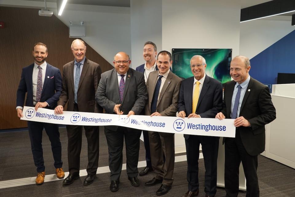 (From left) David Tanel, vice president of sales for Westinghouse, MPP John Yakabuski, Kitchener mayor Berry Vrbanovic, Tony La Mantia, CEO of the Waterloo Region Economic Development Corporation, Luca Oriani, Global Chief Engineering Officer for Westinghouse, MPP Vic Fedeli and Patrick Fragman, CEO of Westinghouse.