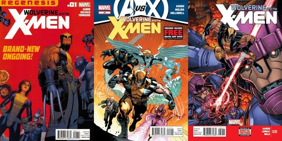 Wolverine and the X-Men covers by artists Chris Bachalo, Jorge Molina, and Nick Bradshaw.