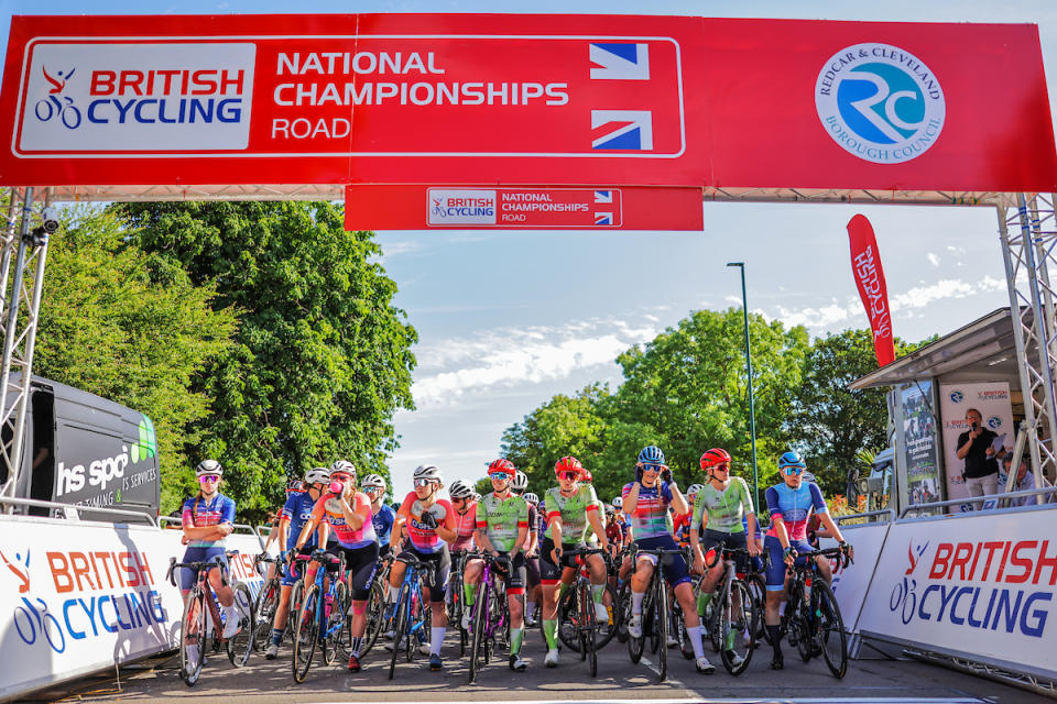 Picture by Alex Whitehead/SWpix.com - 25/06/2023 - Cycling - 2023 British National Road Championships - Saltburn-by-the-Sea, North Yorkshire, England - Womenâ€™s Road Race - The Peloton lined up on the start line