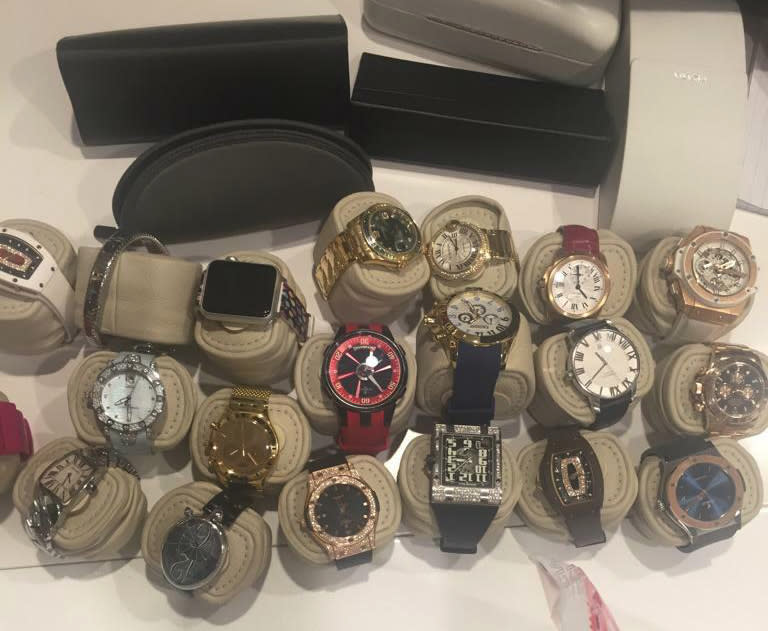 This Sunday, May 12, 2019 photo released by Dominican Republic police shows watches seized from the property of fugitive Venezuelan billionaire businessman Samark López Bello in Verón, Punta Cana, Dominican Republic. Bello was recently indicted by federal prosecutors in New York for allegedly violating sanctions on Venezuela. (Dominican Republic Police via AP)