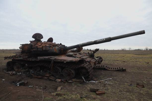 This photograph taken on 16 February 2023, shows a destroyed Russian tank near village of Davydiv Brid, Kherson region, southern Ukraine, amid the Russian invasion of Ukraine (AFP via Getty Images)