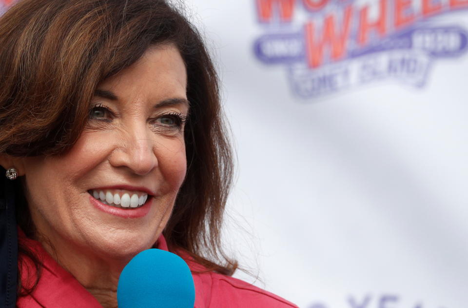 New York State Lieutenant Governor Kathy Hochul speaks during an opening ceremony on the first day of the Coney Island parks reopening, during the coronavirus disease (COVID-19) pandemic, in the Coney Island neighborhood of Brooklyn, New York, U.S., April 9, 2021.  REUTERS/Brendan McDermid