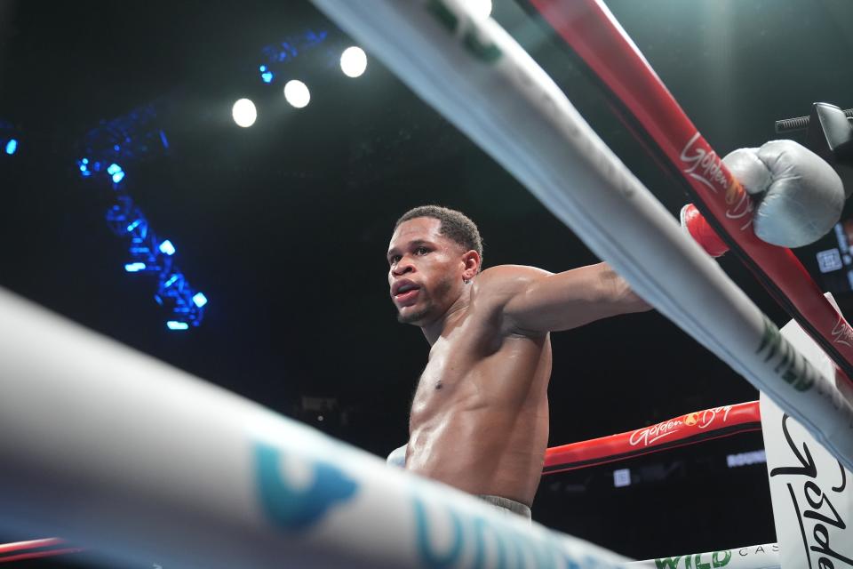 Devin Haney pauses after being knocked down during the seventh round of a super lightweight boxing match against Ryan Garcia ealry Sunday, April 21, 2024, in New York. Garcia won the fight. (AP Photo/Frank Franklin II)