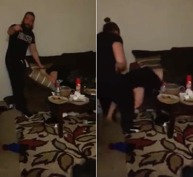 A video appears to show a man identified as American fighter Tony Cojocaru severely beating a minor until he cowers on the ground.  Photo: Facebook/Kevin D Wise
