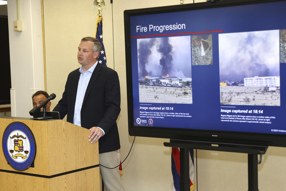 Fire Safety Research Institute (FSRI) members Steve Kerber speaks about the Maui Wildfire Phase One Report findings during a press conference on Wed, April 17, 2024, in Honolulu. (AP Photo/Marco Garcia)